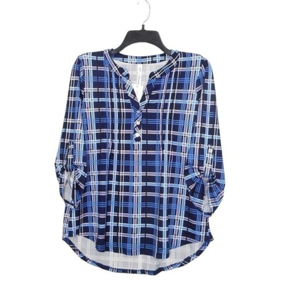NY Collection Womens Top Small Blue Plaid V-neck‎ 3/4 Roll Tab Sleeve Pleated